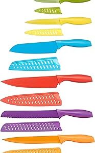 Amazon Basics Color-Coded Dishwasher Safe Kitchen Knife Set, 12-Piece with Ergonomic Handles, Non-stick Sharp Blades, 6 Knives with 6 Blade Guards, Multicolor, 13.88 x 4.13 x 1.38 inch
