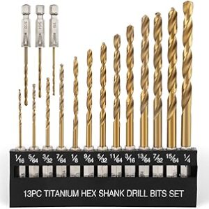 COMOWARE Titanium Twist Drill Bit Set - 16 Pcs Hex Shank High Speed Steel for Wood Plastic Aluminum Alloy, Quick Change, 1/16-1/4