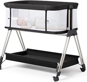 Fodoss Baby Bassinet Bedside Sleeper with Wheels and Storage Tray,4-Sided Mesh Bedside Bassinet for Infant/Newborn,7 Height Adjustable Easy Folding Bedside Crib