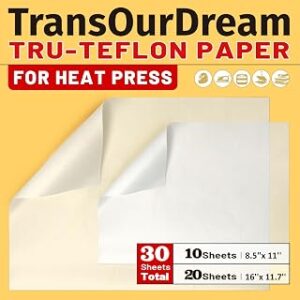 30 Pack PTFE Teflon Paper 16×11.7 20 Sheets and Teflon Paper 8.5×11 10 Sheets Mix Pack for Heat Press Heat Resistant Craft Mat,Sublimation Paper and Heat Transfer Paper Reusable
