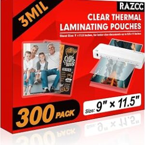RAZCC Laminating Sheets, 300 Pack Clear Thermal Laminating Plastic Paper Laminator Sheets, 9 x 11.5-Inch, 3mil, Ideal Office or School Supplies