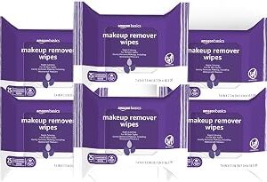 Amazon Basics Makeup Remover Wipes, Gentle Cleansing, Dermatologist Tested, Night Calming, Plant Based, Alcohol-Free, Removes Waterproof Mascara, pH Balanced, 25-Count, 6-Pack