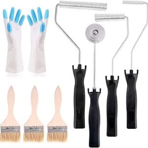 Swpeet 4Pcs Fiberglass Roller Tools and 1Pcs Detail Brushes with 1 Pair Glove Kit, Fiberglass Bubble Paddle Tool Laminating Paint Roller Kit for Mold Resin Fiberglass Resin Tub Shower Bathtub
