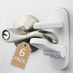 Door Lever Lock (6 Pack) Prevents Toddlers from Opening Doors. 3.25 L * 1.5 W * 4.5 H Easy One Hand Operation for Adults. Durable ABS with 3M Adhesive Backing. Simple Install, No Tools Needed.