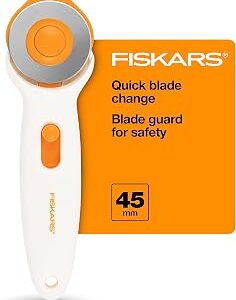 Fiskars 45mm Rotary Cutter for Fabric, Premium Steel Stick Fabric Cutter Cuts Through Multiple Layers, Right and Left Handed, Easy and Safe Blade Change, Arts and Crafts, Sewing and Quilting Tools