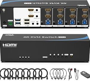eKL Real Seamless Switching USB 3.0 HDMI KVM Switch Dual Monitors 4 Computers 4K@30Hz, 4 Port Extended Display, 3.5mm Audio, EDID Emulators, Button, Hotkey, Mouse, RS232 Code Switching