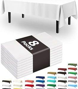 Pureegg Plastic Table Cloth Disposable 8 Pack, 54 x 108 Inch Table Cloths, Party, Picnic, Wedding, Decorative Tablecloths, Rectangle, White Plastic Cover, Leakproof & Sturdy, White