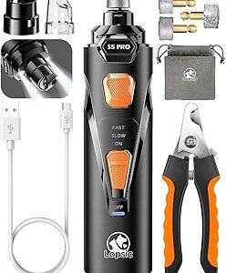 Whisper Quiet Dog Nail Grinder with 4 LED Lights, Safe & Stress-Free for Sensitive Dogs Cats of All Breeds & Sizes, 3 Grinding Bits, 3-Speed, Pet Nail Trimmers, Rechargeable Painless Grooming Kit