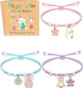 U-Zomir Easter Gifts for Kids, 3 Pcs Adjustable Bunny Charm Bracelets with Bunny Card, Cute Jewelry Bracelet Easter Basket Stuffers for Teens Women Toddler