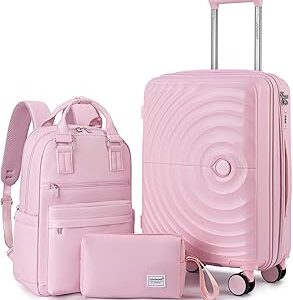 LARVENDER Carry On Luggage Set 22x14x9 Airline Approved, Expandable 20 Inch Carry-On Suitcases With Wheels, Lightweight Luggage Sets 3 Pieces With Backpack, Light Pink