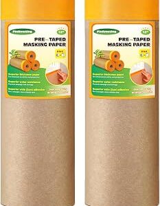 Pre-Taped Masking Paper for Painting - 12 Inch x 50 Feet Automotive Masking Paper with Painter's Tape for Covering Skirting, Frames, Cars and Auto Body (2 Roll)