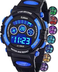 Edillas Kids Watches Boys Digital, 7 Colors LED Lights 50M Waterproof Wristwatches for Children Students Teenagers Sport Outdoor Multifunctional with Stopwatch/Alarm Ages 7-15