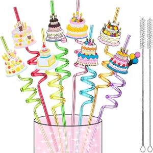 LEDUO 24Pcs Reusable Birthday Drinking Straws-Birthday Party Decorations Supplies Gift Favors -Swirly Straws for Kids-Glitter Cake Straw Drink Straw-Colorful Crazy Silly Plastic Straws+2 Clean Brushes