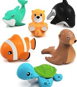 Tub Works® Marine™ Mold Free Bath Toys, 6 Pack | Sealed, No Hole Bath Toys Design Keeps Moisture Out | Soft, Squeezable & Float on Water | Easy-Grip Baby & Toddler Bath Toy Set | Great Baby Pool Toys