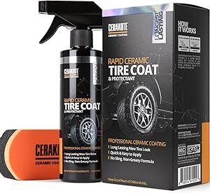 CERAKOTE Rapid Ceramic Tire Coat – Showroom New Tire Shine – Deep Tire Black Finish – Lasts Up to 10x Longer – No Sling, Non-Greasy Ceramic Tire Coating for Car, Truck & SUV – Easy Application (10oz)