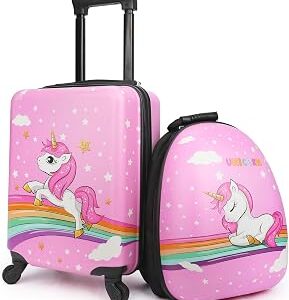 emissary Kids Suitcase for girls, 16 Hardside Unicorn Kids Luggage Set with Spinner Wheels and Backpack, Children Carry on Girls Suitcase Toddler Travel Rolling Luggage Gifts Airline Approved