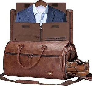 STOVER Garment Travel Duffle Bag, Large 2-in-1 Convertible Carry-on Luggage for Men & Women- Hanging Suits, Dresses & Clothes + Shoe Compartment- Weekender Tote Combo Duffel (Brown Leatherette)