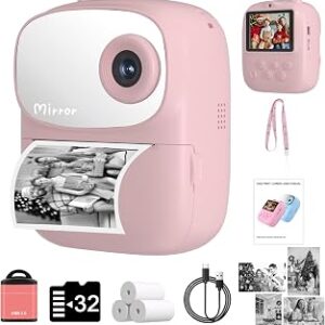 Kids Camera Instant Print for Kids with Mirror, HD Dual-Lens Selfie Digital Camera with 3 Rolls Print Paper & 32GB Card, Holiday Birthday Gifts Toys for Girls Boys Toddler.(Pink)