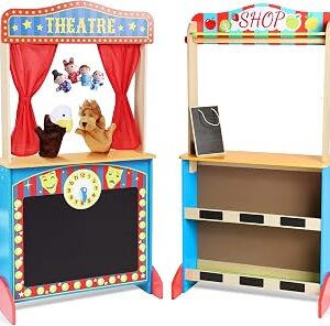 Deluxe Wooden Puppet Theater with Curtains, Blackboard and Clock, Double-Sided Play Store 3-8Y & Kid Puppet Show Theater with 2 Hand Puppets and 4 Finger Puppets for Toddlers 3+