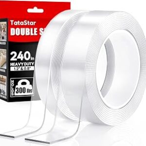 Double Sided Tape Heavy Duty (2 Rolls, 20 Feet) - Removable Waterproof Nano Mounting Filament Tape, 1.2 & 0.8 Width for Picture Hanging, Wall Decor, Posters, Carpets, Rugs - Indoor & Outdoor Use