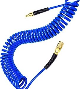 YOTOO Polyurethane Recoil Air Hose, Air Compressor Hose 1/4 Inner Diameter by 25' Long with Bend Restrictor, 1/4 Industrial Quick Coupler and Plug, Blue