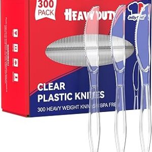 JOLLY CHEF 300 Count Clear Plastic Knives Heavy Duty, 7.7 Heat Resistant Solid and Durable Plastic Knives Disposable, Disposable Bulk Cutlery Suitable for Parties Supply Events Everyday Use