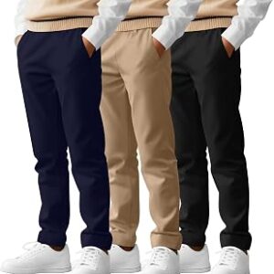 3 Pack Boys' School Uniform Pants 6-14Y Elastic Waist Stretch Youth Trousers with Pockets Straight Fit for Kids