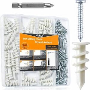 KURUI 140Pcs #8 Self Drilling Drywall Anchors with Screws Kit, Heavy Duty Dry Wall Anchors for Hanging Sheetrock, 50 Self-Tapping Plastic Drywall Hangers 50 Sheet Rock Screws, Mounting Hardware -75LB