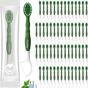 Disposable Mini Travel Toothbrush Bulk with Toothpaste 5in1 60Ct Portable Toothbrushes Set Floss Pick Tongue Scraper Cruise and Travel Essentials (Green)