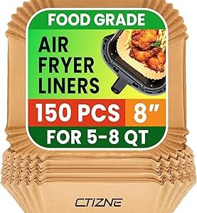 Air Fryer Liners Disposable, 150Pcs 8 Square [Food Grade Material] Unbleached Parchment Paper Liners Non-Stick & Waterproof Oilproof for 5-8 QT Airfryer Basket, Baking, Roasting Microwave, Oven