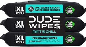 DUDE Wipes Mint Chill Flushable Wipes - Extra-Large Adult Wet Wipes - 3 Pack (144 Count) - Infused with Tea Tree Oil, Vitamin E, and Aloe - Septic and Sewer Safe