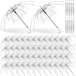 60 Pack Clear Wedding Umbrellas Bulk Transparent Auto Open Stick Umbrellas Windproof Waterproof Large Canopy Umbrella with White European J Hook Handle for Wedding Bride Groom Photography Golf Outdoor