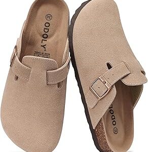 ODOLY Genuine Suede Clogs for Women Men Soft Cork Footbed Leather Mules Comfort Potato Shoes with Arch Support