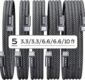 LISEN USB C to USB C Cable, 5-Pack [3.3/3.3/6.6/6.6/10FT] for iPhone 17 Charger Cord, 60W C to C Cable Fast Charging for iPad, iPhone 16 15 Pro Max, Galaxy S25/S24 USBC to USBC Cable Gifts for Men