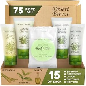Travel Size Hotel Toiletry Set 75 Count 1 oz Bottles Guest Amenities for Vacation Rentals and Short Term Rentals Paraben Free Green Tea Lemongrass Scent Infused with Aloe and Olive Oil | Desert Breeze