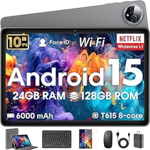 Android 15 Tablet 10 inch,24GB RAM 128 ROM,Tablets with Keyboard Case Mouse Stylus,1TB Expandable,Octa-Core 6000mAh 1280x800 IPS HD,WiFi,T615 CPU,High Performance,Processor,Dual Camera(Gray)