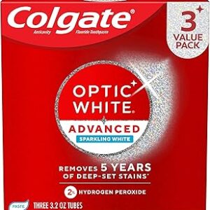 Colgate Optic White Advanced Hydrogen Peroxide Toothpaste, Teeth Whitening Toothpaste Pack, Enamel-Safe Formula, Helps Remove Tea, Coffee, and Wine Stains, Sparkling White, 3 Pack, 3.2 oz