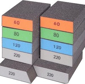 BOSHCRFAT 10 Pack Sanding Block, Washable and Reusable Sanding Sponge for Wood Drywall Metal Glasses Coarse/Medium/Fine/Superfine in 60/80/100/120/180/220 Grit Sandpaper Block Sand Paper Brick