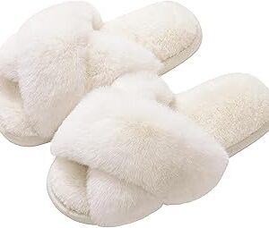 Evshine Women's Fuzzy Slippers Cross Band Memory Foam House Slippers Open Toe