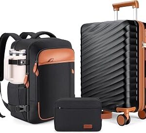 3 Piece Luggage Set with Travel Backpack, 20” PC Hardside Suitcase with Spinner Wheels, Flight Approved Carry On Luggage with YKK Zippers & TSA Lock