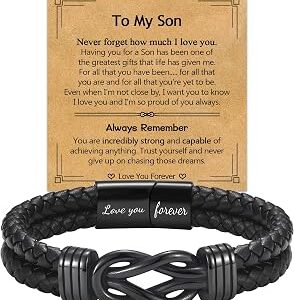 EPIRORA Gifts for Men Boys- Black Braided Leather Infinity Knot Bracelets for Son Grandson Nephew Brother Dad Husband, Jewelry Gifts for Christmas Birthday Graduation Anniversary Valentine's Day