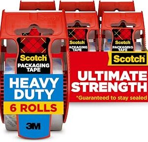 Scotch Heavy Duty Shipping Packing Tape, Clear, Packing Tape for Moving Boxes and Packaging Supplies, 1.88 in. x 22.2 yd., 6 Roll Dispensers, Moving Supplies