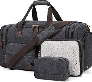 Mens Duffle Bag for Travel 60L Expandable Canvas Weekender Overnight Travel Duffel Bag with Shoe Compartment Carry-On for Airplanes Dark Gray