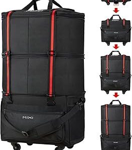 mixi Travel Bag with Wheels Expandable Foldable Luggage Bag Collapsible Rolling Travel Bag Duffel Bag Large Capacity Suitcase for Men Women, Black