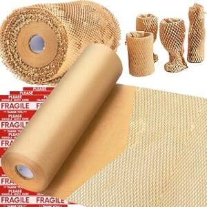 Honeycomb Packing Paper, MINHAO 15x400' Eco Friendly Packing Paper for Moving Recyclable Honeycomb Paper Moving Supplies Bubble Paper Wrapping Protective Roll, With 36 Fragile Sticker Labels