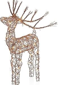 Alpine Corporation 35 Tall Outdoor Rattan Reindeer Lawn Decoration with 50 White LED Lights, Indoor/Outdoor Christmas Holiday Yard Decor Garden Display
