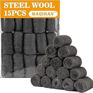MAQIHAN Steel Wool Pads 0000 15PCS - Steel Wool 0000 Roll Glass Wood Fabric Metal Extra Fine Polishing Chrome Glass Polishing Pads Wool Steelwool Mice Control Weep Hole Covers Walls Fill