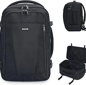 ECOHUB Travel Backpack 18x14x8 Spirit Airlines Personal Item Bag Carry On Backpack 13 Pockets Work Casual Daypack for Men Women Airline Approved Water Resistant Gym Backpack with Charging Port, Black