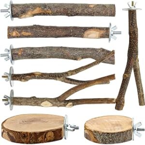 8 PCS Bird Perch Set for Cage - Natural Apple Wood Platforms & Hardwood Branches for Parakeets, Budgies, Cockatiels - Small Bird Habitat Gym, Climbing Stand & Safe Chew Toys