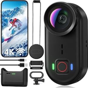 4K Mini Body Action Cameras POV Body Cam, 64GB Sports Camera with Audio Video Recording, Portable WiFi Magnetic Wearable Waterproof Thumb Camera for Motorcycle Vlogging Skiing Cycling Hiking-Black